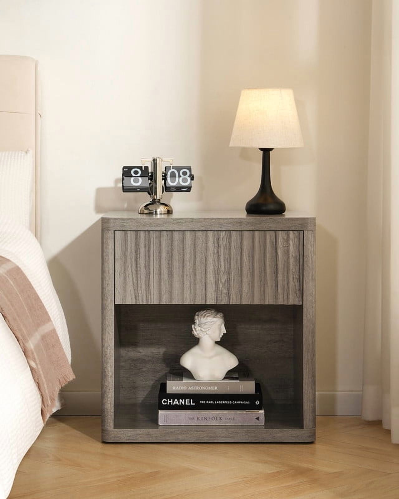 Fluted Nightstand with Drawer, Bedside Tables with Open Storage, Large Wood Night Stand for Bedroom Living Room, Grey