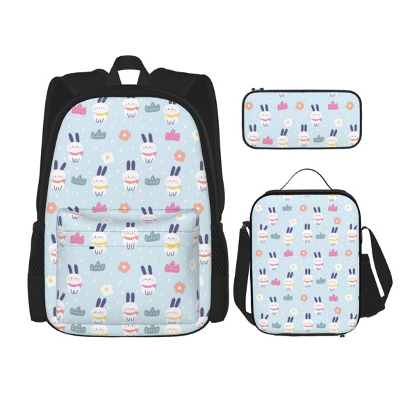 Wukai Rabbit In The Rain for Backpack Combination Three-piece Set, Pocket Backpack Messenger Lunch Bag Pencil Case Set, Suitable for School, Office, Unisex