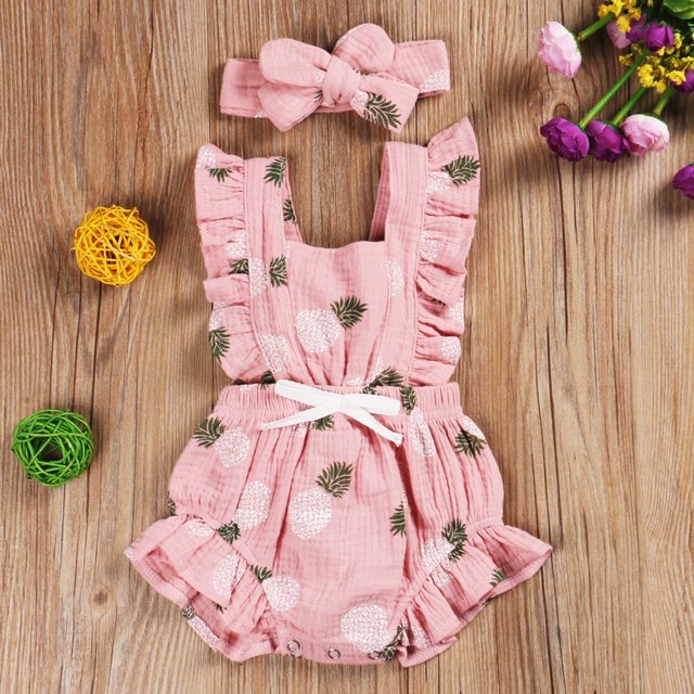 Summer Newborn Kid Baby Girl Clothes Ruffle Print Romper Jumpsuit Headband 2Pcs Outfits