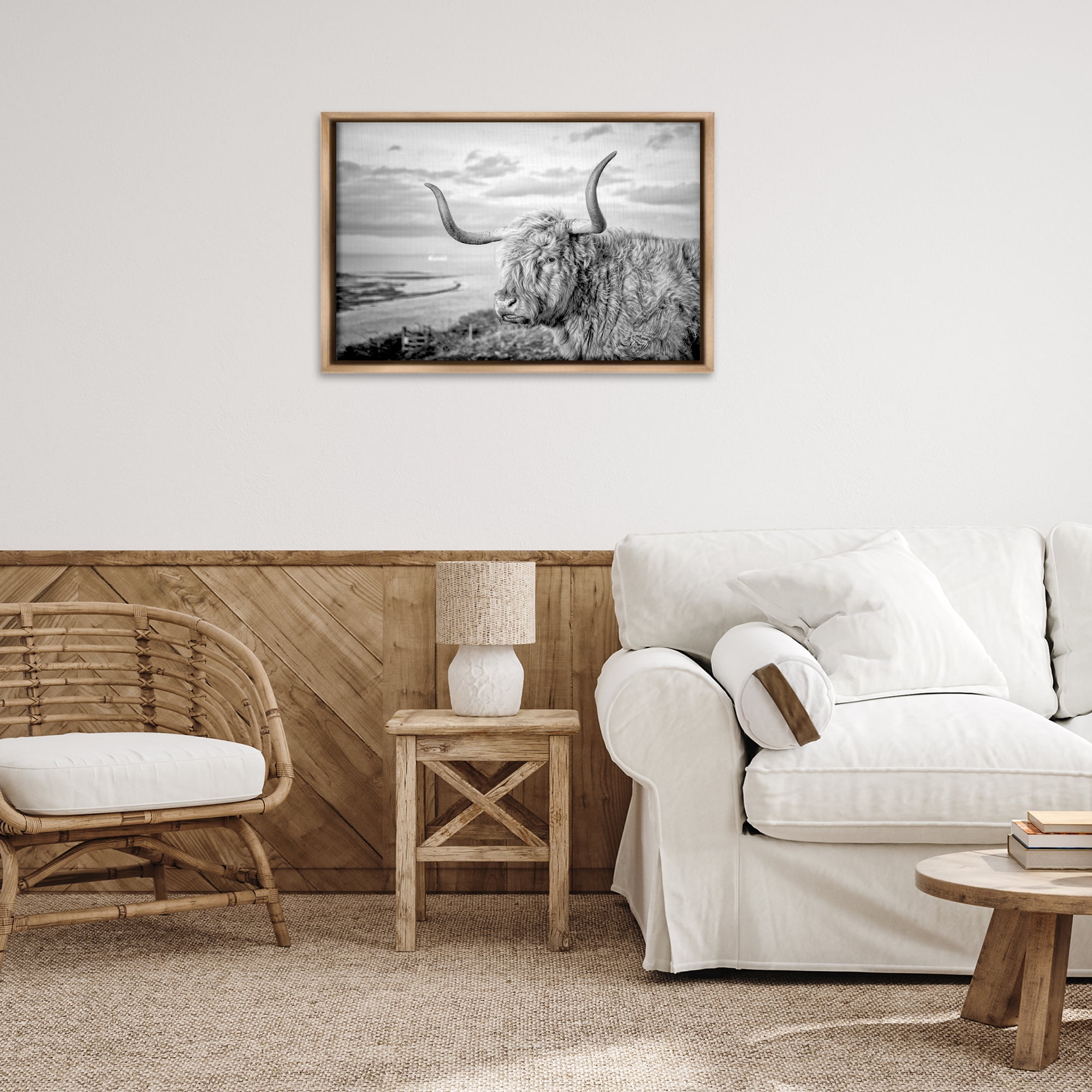 Stupell Industries Cattle with Ocean Breeze Animals & Insects Photography Brown Floater Framed Canvas Art Print Wall Art, 31 x 21
