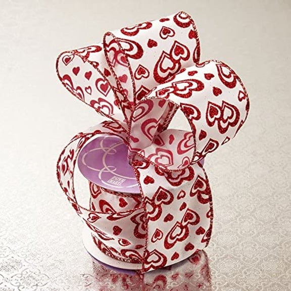 White/Red Metallic Lot of Love Glitter Hearts Wired Ribbon - 2 1/2 Inches Wide X 10 Yards (563012502)