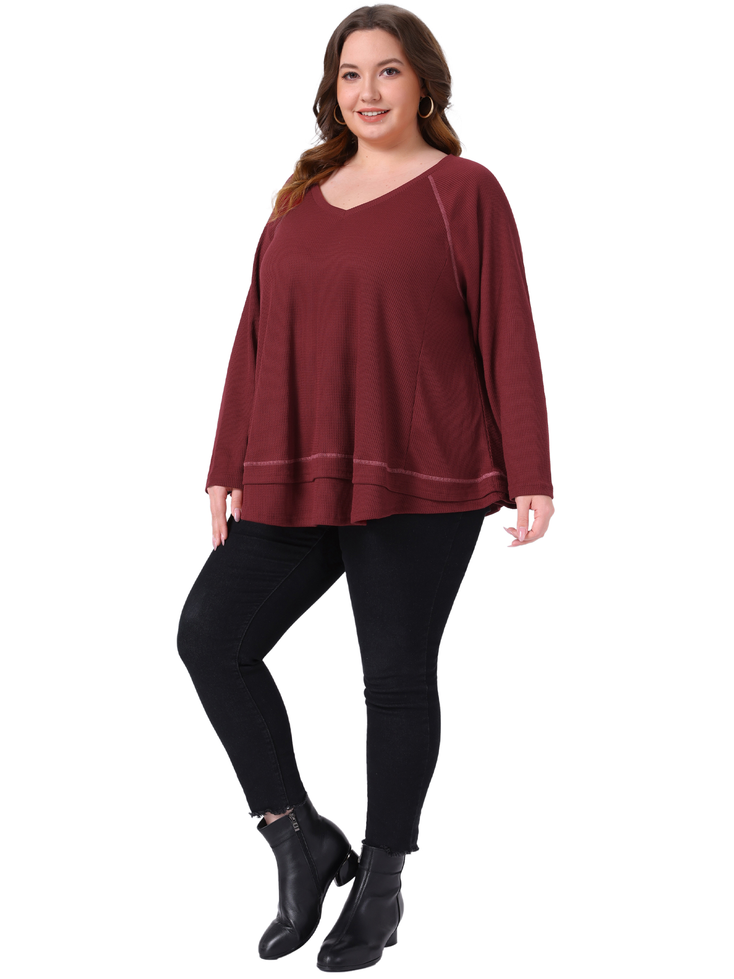 DARING DIVA Women's Plus Size Waffle Knitted V Neck Patchwork Hem Sweater 4X Burgundy