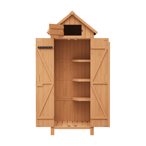 Remise de Rangement Extérieure Compacte – Armoire à Outils de Jardin Étanche avec 3 Tablettes, Portes Verrouillables, Rangement sous Toit – Idéale pour Patio, Cour Arrière, Balcon – Fini Bois Naturel