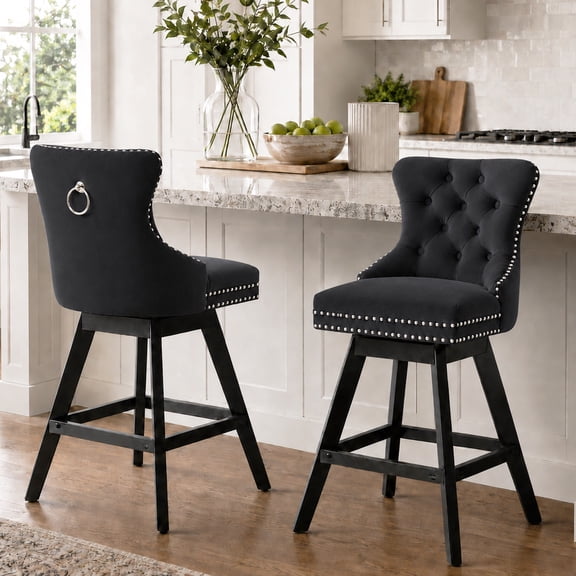 Bar Stools With Back Sets of 2, LEGAHOME Farmhouse Swivel Black Bar Stools for 34–38" Kitchen Island, 26" Velvet Barstools Counter Stools for Breakfast, 2 PCS