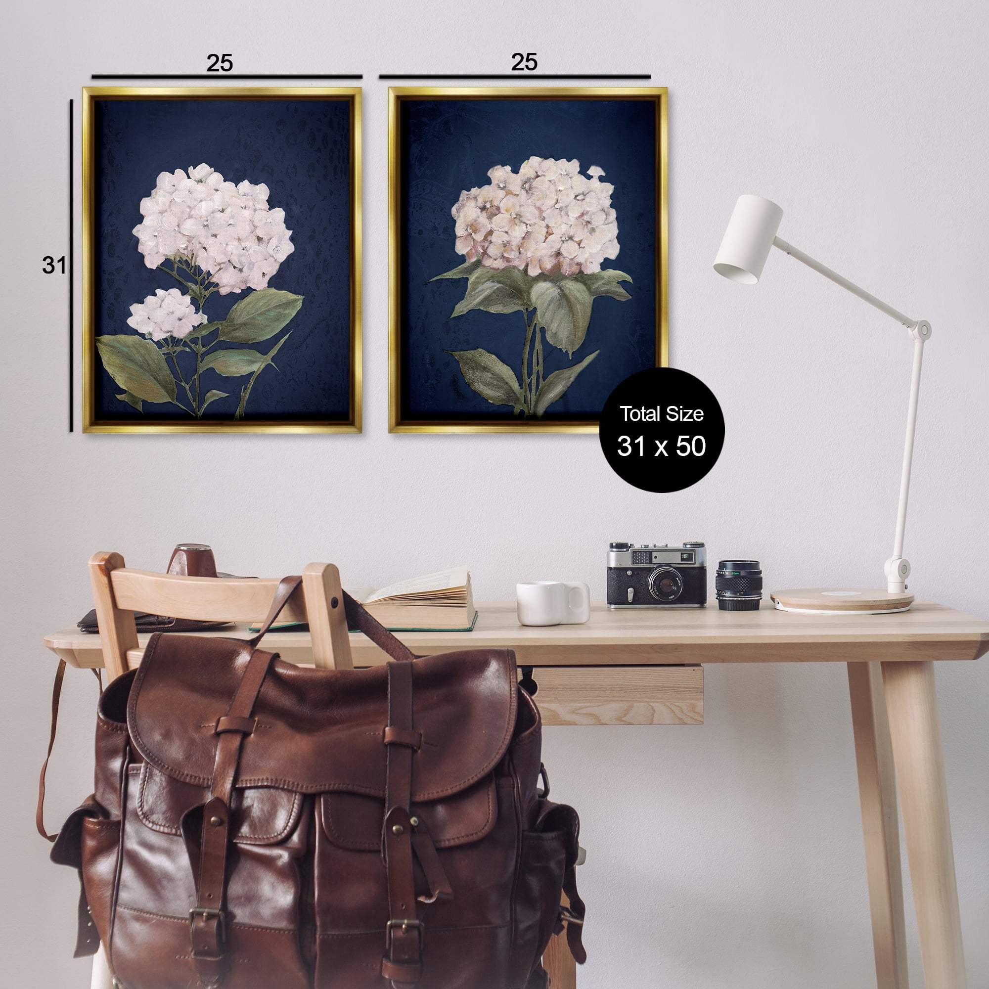 Stupell Industries Hydrangea Flower on Blue Plants & Flowers Painting Gold Floater Framed Canvas Art Print Wall Art, 31 x 25, Set of 2