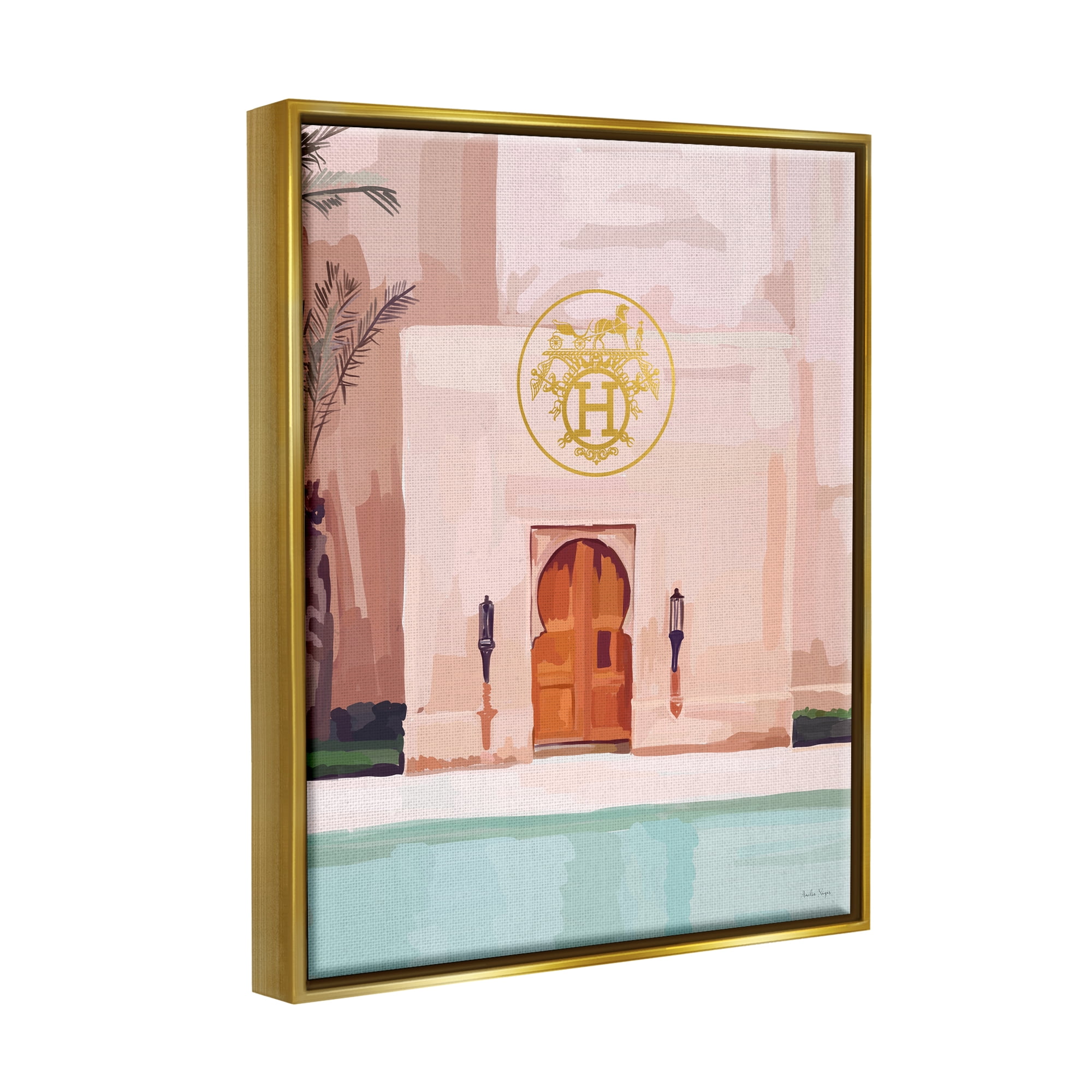 Stupell Industries Glam Poolside Villa Scene Abstract Painting Gold Floater Framed Canvas Art Print Wall Art, 25 x 31