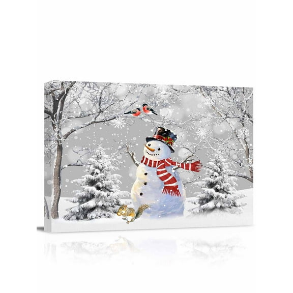 Grey Christmas Canvas Print Wall Art Framed Canvas Art Wall Decor Snowman Snowflake Xmas Tree Bird Winter Pictures Painting Morden Artwork for Living Room Bedroom, Ready to Hang - 12"x16"