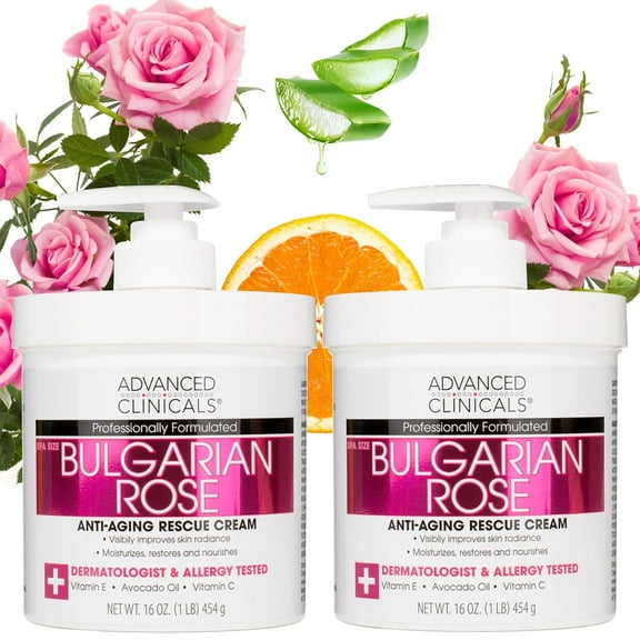 Advanced Clinicals Anti Aging Bulgarian Rose Cream For Moisturizing Dry Skin, 2-Pack, 16oz