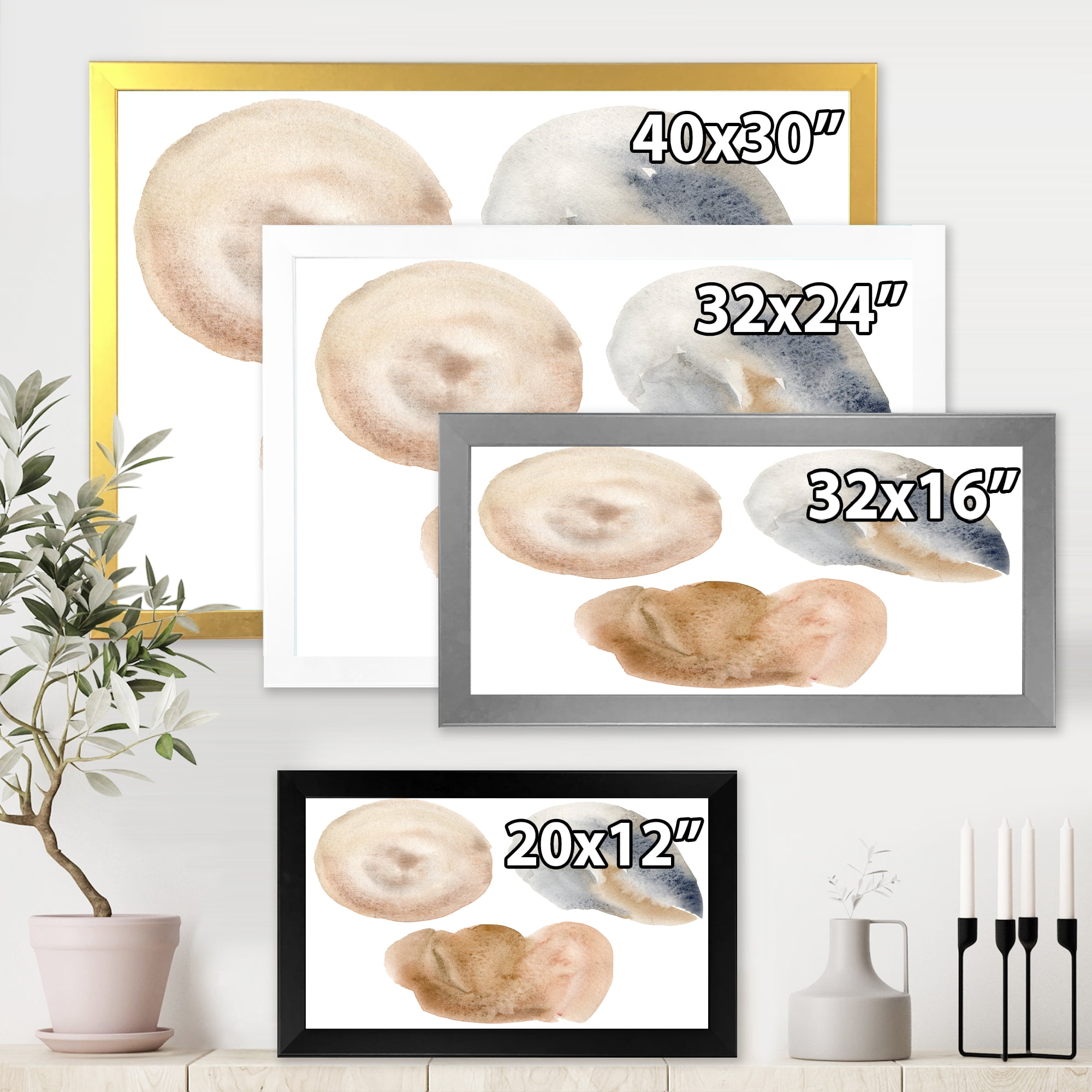 Designart 'Holiday Set With Abstract Beige and Blue Circle Spot' Modern Framed Art Print