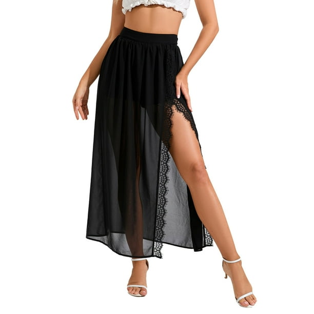 Gibobby faldas largas de mujer elegantes Pantalones cortos con lateral de encaje de malla New Summer Resort para mujer Media falda con abertura(Negro, L)