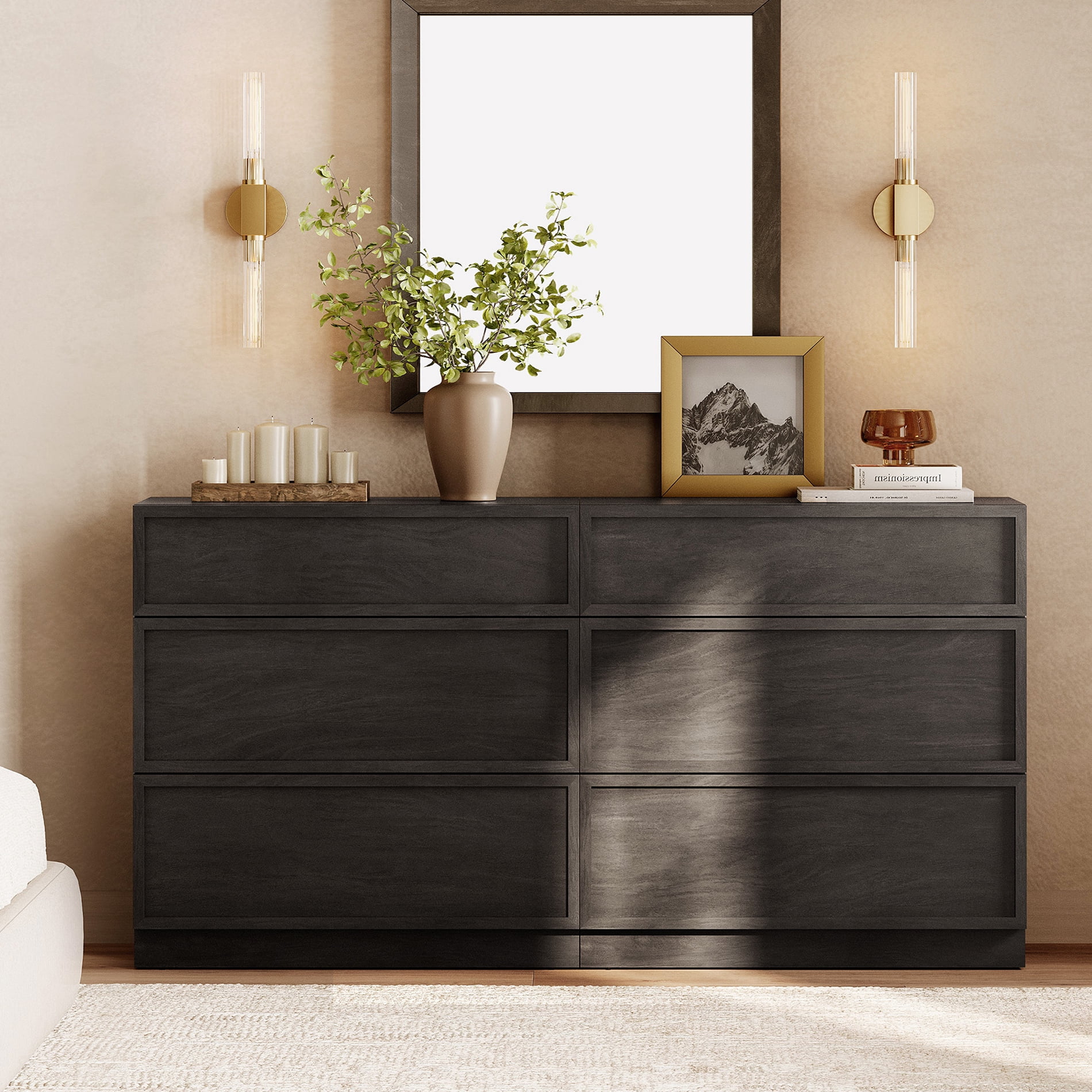 Modern 6-Drawer Wood Dresser, Handle-Free Push-Press Storage Chest with Solid Floor Base, Minimalist Storage Cabinet for Bedroom Living Room, Black