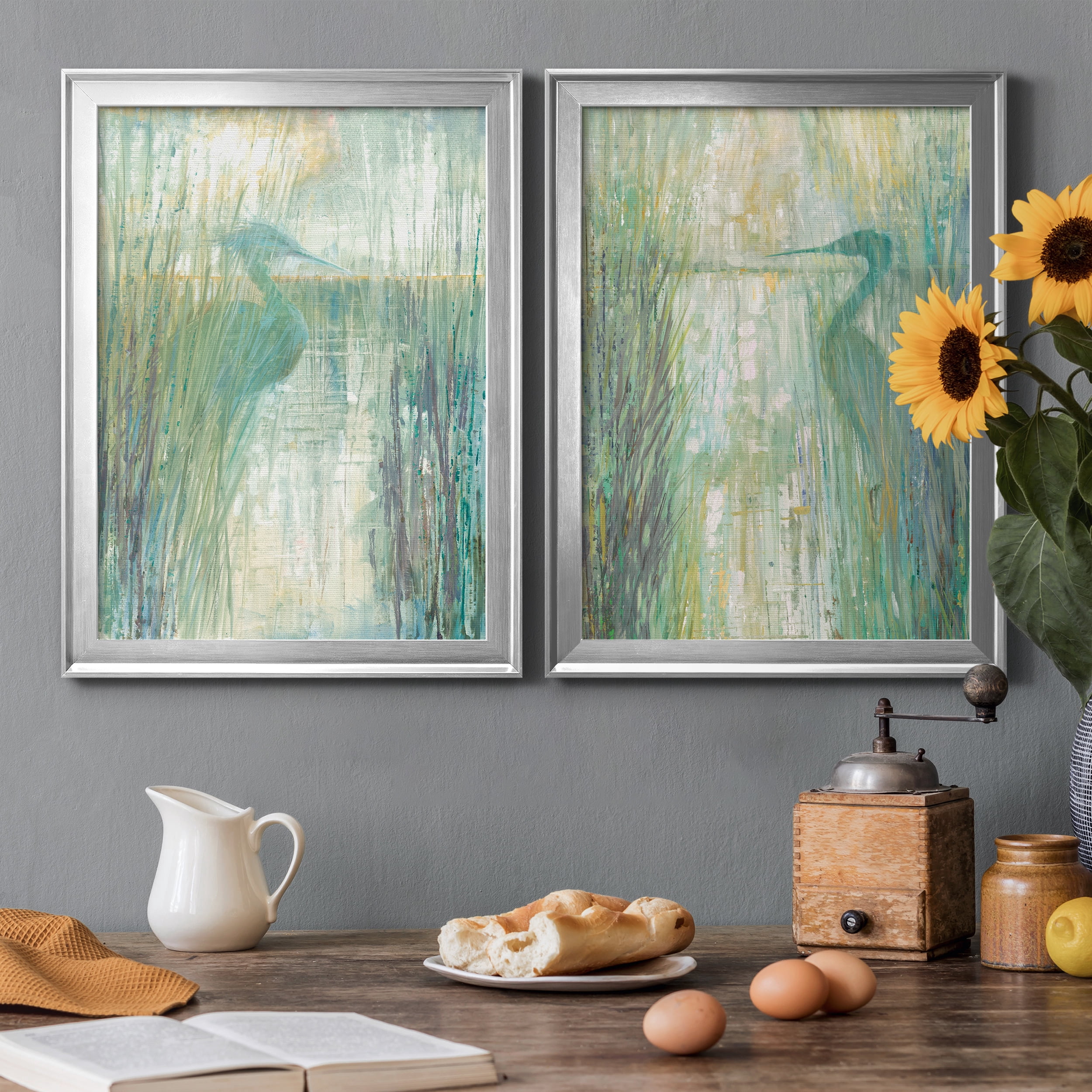 2 Piece Set Morning Egret I Premium Framed Canvas - Ready to Hang - 22.5 x 30.5 Each - Silver Frame