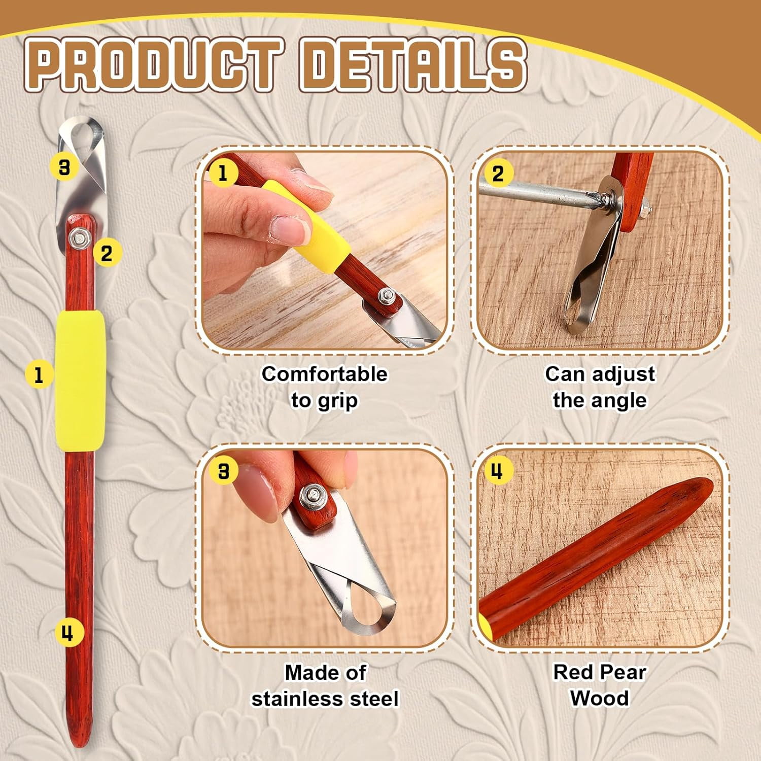 ABCISI Pottery Carving Tools Set Include 5 Stainless Steel Blades & Red Pear Wood Handle, Sculpture Scraper Craft Modelling Tools for Clay, Ceramic Sculpting, Graffito, Relief Art(U-tip)