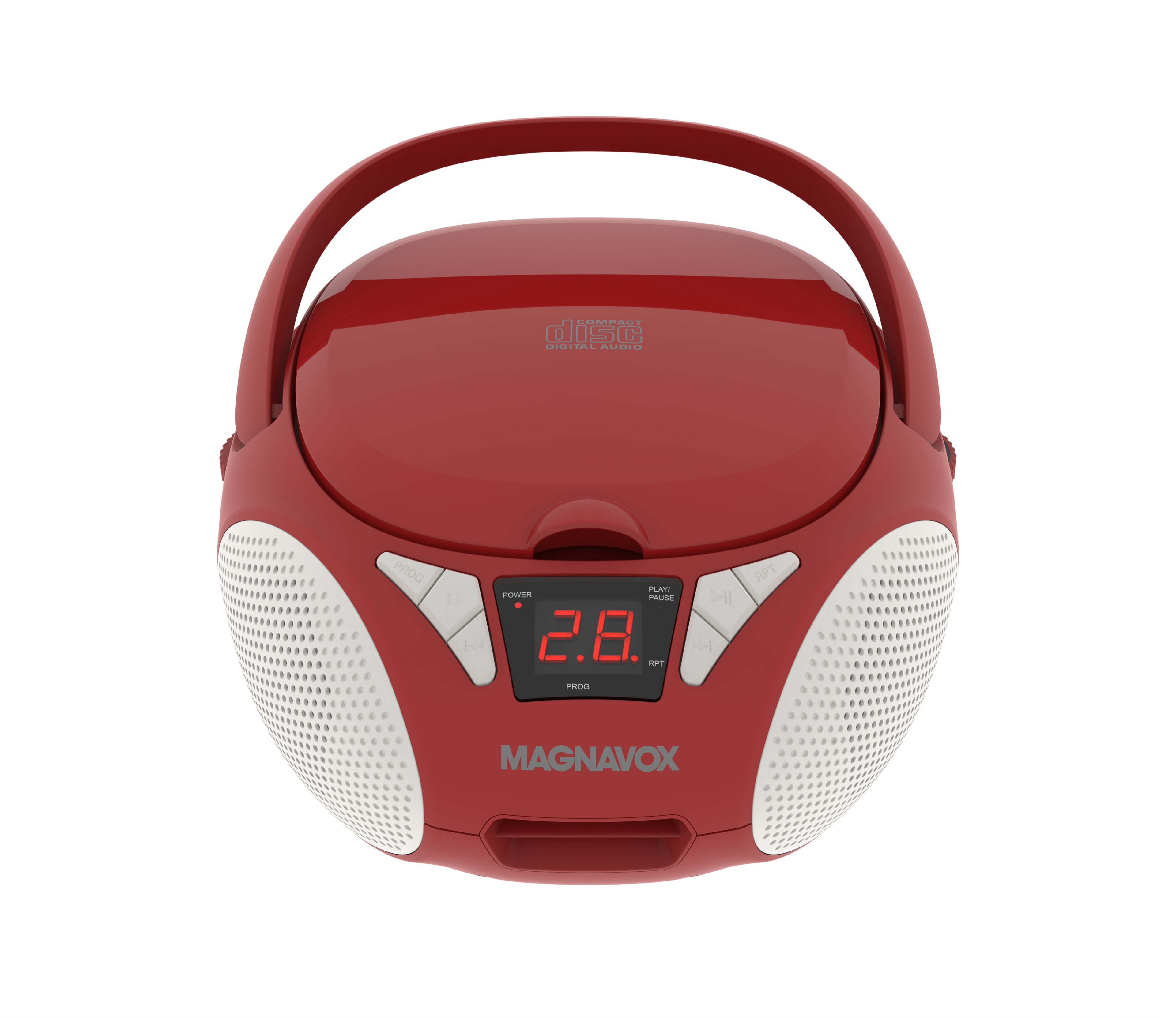 Magnavox Portable CD Boombox with FM Stereo Radio, Top-Loading CD Player, AUX Input, LED Display, AC/DC Power, Battery Operated Boombox, Red