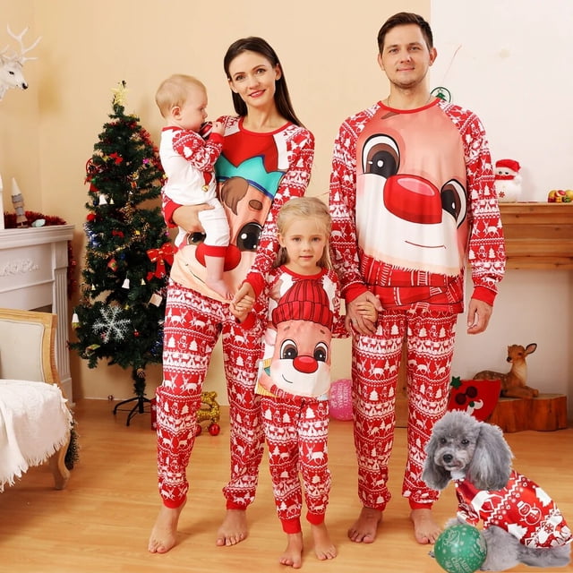 2023 New Year's Costume Cartoon Print Cute Soft Sleepwear Family Christmas Pajamas Set Adults Kids 2 Pieces Suit Baby&Dog Romper