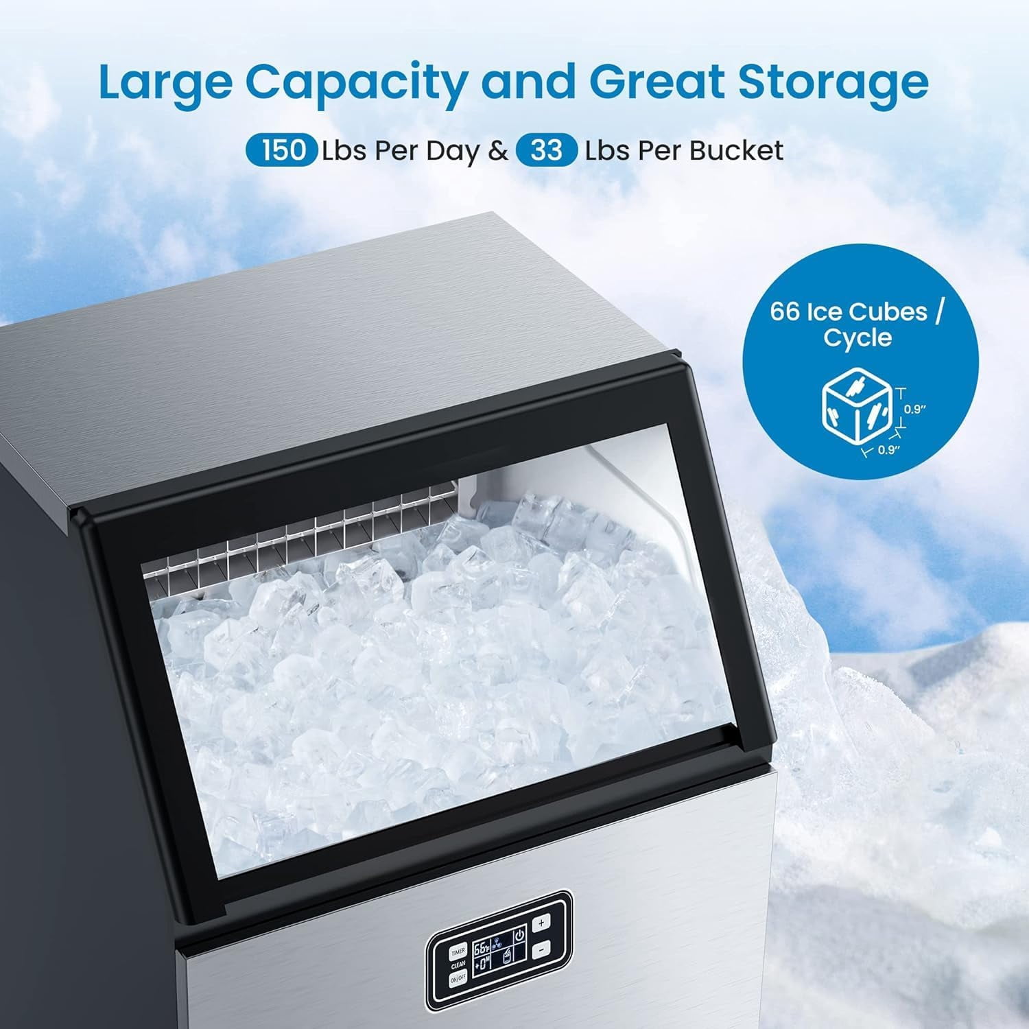 100LBS/24H Commercial Ice Maker Machine, Stainless Steel Freestanding Ice Maker with 33LBS Storage Bin - Heavy Duty Under Counter Ice Machine