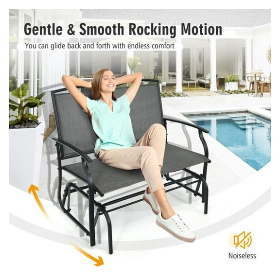 Iron Patio Rocking Chair for 2, Outdoor Loveseat for Backyard & Lawn - Steel Frame, Textilene Seat - Black/Brown/Gray - 396lbs Capacity