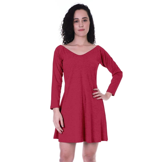 Moomaya Robe Droite à Manches Longues pour Femmes avec Encolure en V en Coton, Robes d'Été Décontractées - 0S