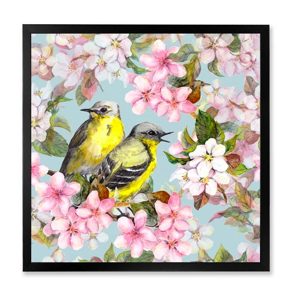 Designart 'Birds On Pink Cherry Sakura and Apple Flowers II' Traditional Framed Art Print