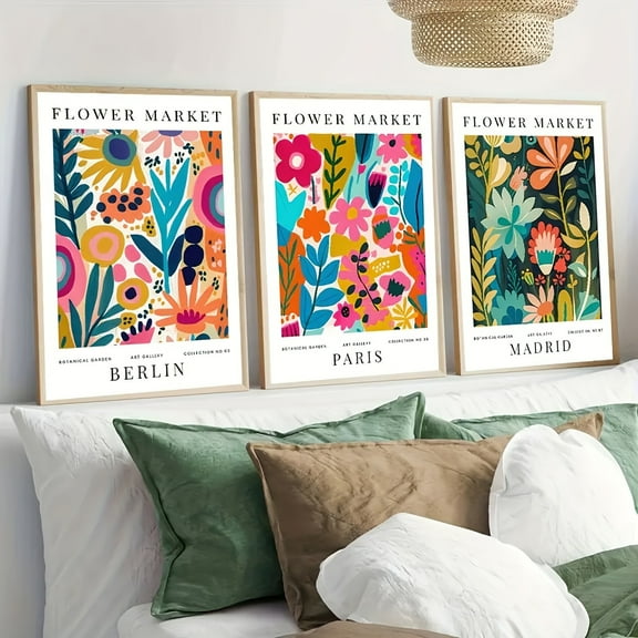 Set of 3 Flower Market Canvas Posters - Abstract Floral Art Prints for Living Room Wall Decor, Frameless, Home, Office, Coffee Shop, and Dorm Decorations