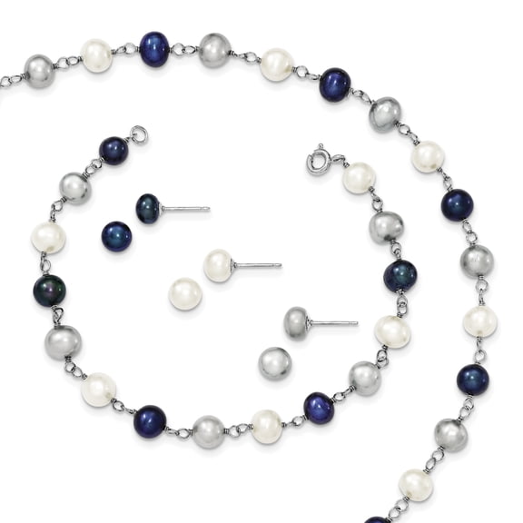 Sterling Silver Freshwater Cultured Pearl 18in Necklace 7.25in 3 Piece Bracelet