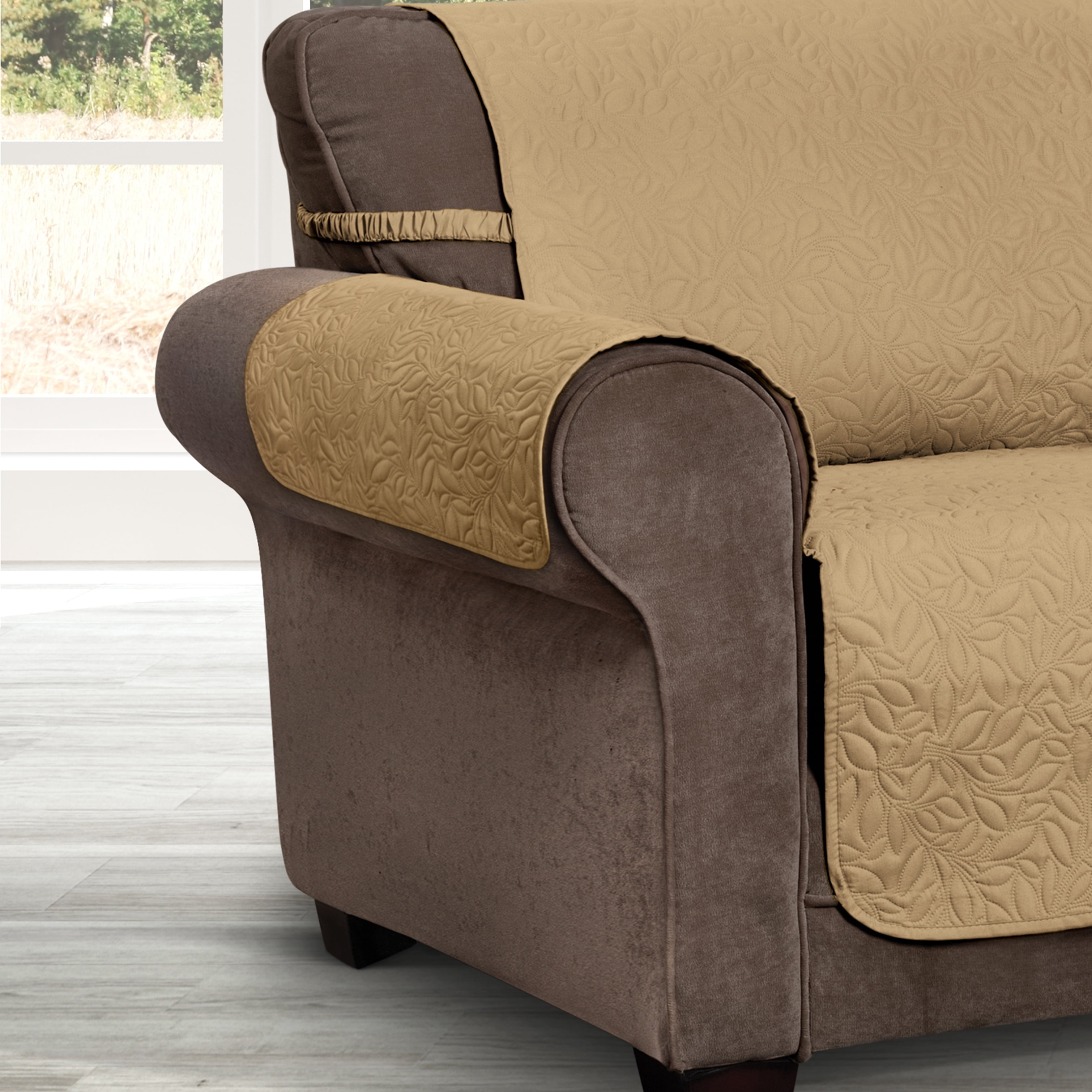 Innovative Textile Solutions 1-Piece Belmont Leaf Secure Fit Sofa Furniture Cover Slipcover, Toast