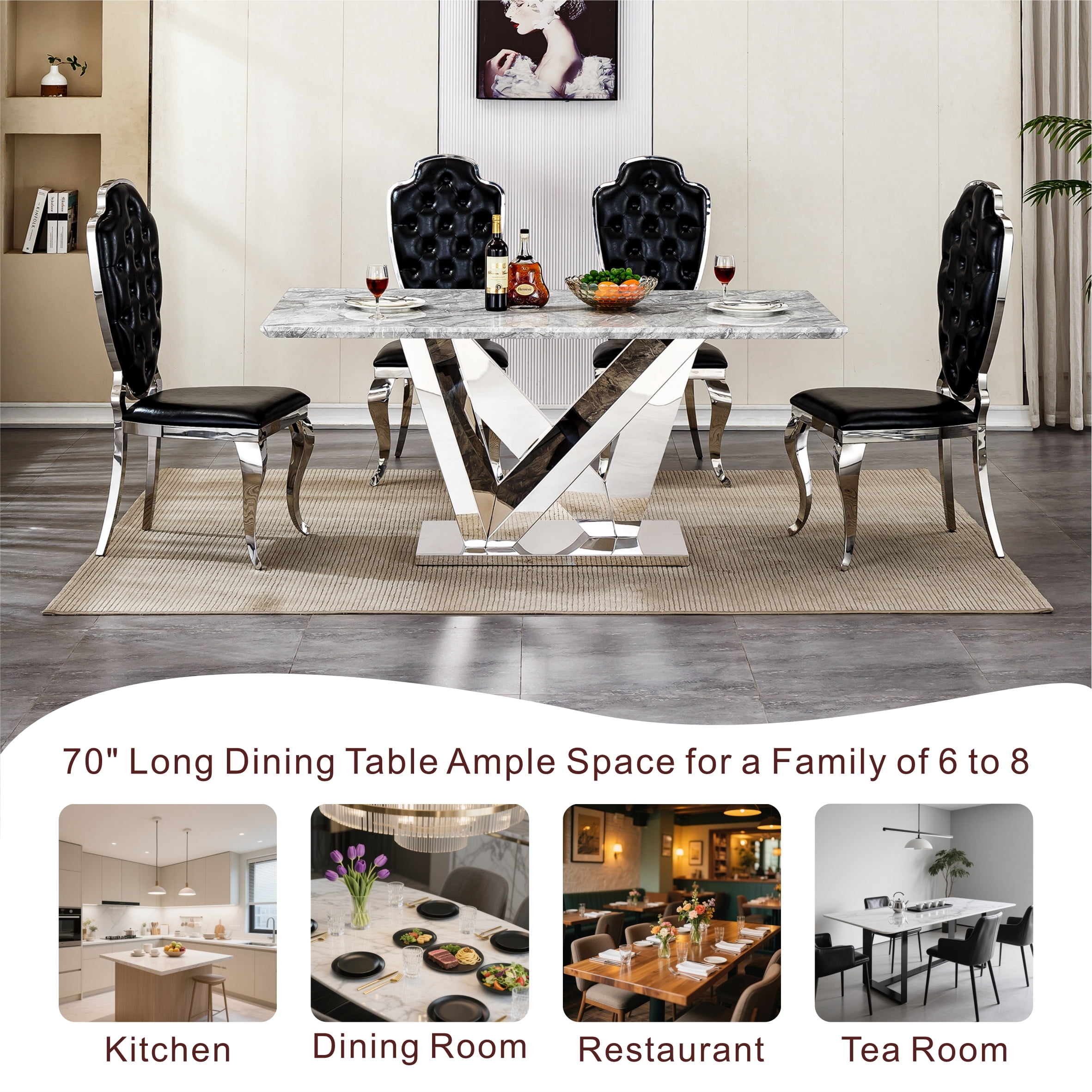 Shikeyi 70" Marble Dining Table for 6-8, Modern Luxury Silver Rectangular Large Kitchen Table, Marble Grain MDF Tabletop & Stainless Steel Base for Kitchen Dining Room, Grey (Table Only)