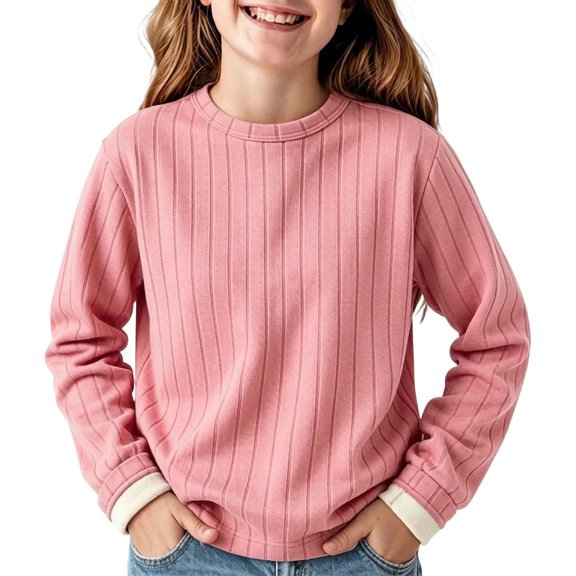 HAiming Kids Pullover Shirts Long Sleeve Ribbed Knit Fleece Crew Neck Casual Undershirts Fall Winter Outdoors Tops