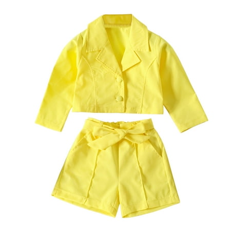 

simu Valentines Day Girls Outfits Toddler Kids Baby Girls Long Sleeve Turn Down Collar Solid Coat Jacket Shirt Tops Bow Shorts 2PCS Outfits Clothes Set for Birthday Wedding