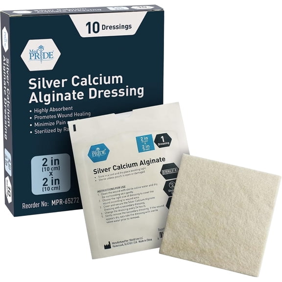 MED PRIDE Silver Calcium Alginate Non Stick Wound Pads, 2 X 2 Inch, 10 Count Sterile, Highly Absorbent