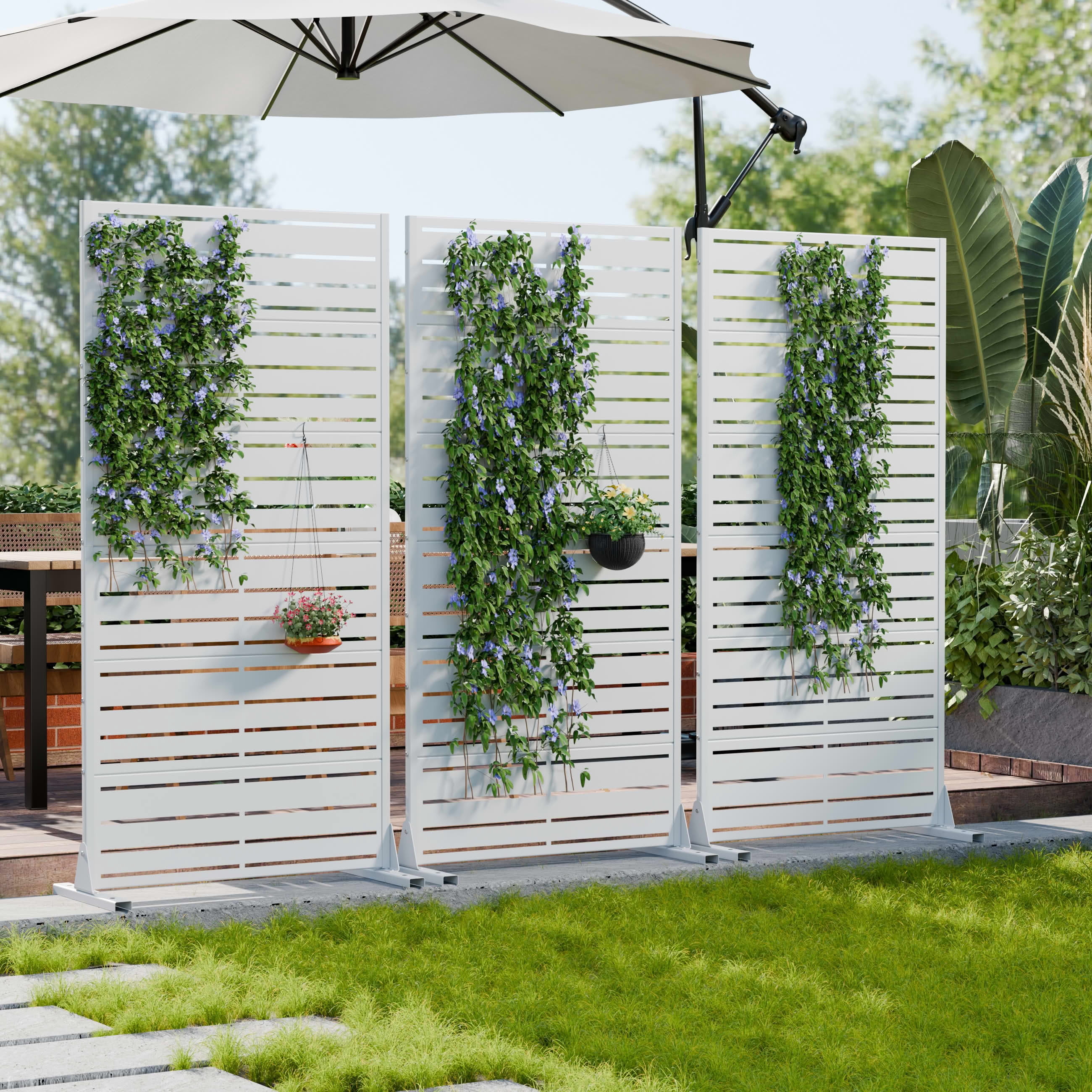MAYEERTY 2-Piece 72"x35" Freestanding Privacy Screen, 6-Panel White Galvanized Steel Screen, Wide-1 Narrow-2 Slats for Outdoor Yard