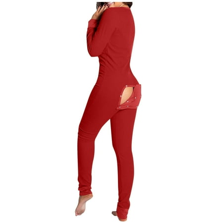 Women s Functional Bodysuit Long Sleeve V Neck Bodycon Stretch Button Flap Adult Short Romper Pajamas Jumpsuit Overalls