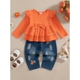 thumbnail image 2 of 18 Months Baby Girls Clothes 24 Months Girls Fall Winter Pant Set Toddler Girls Long Sleeve Round Neckline Solid Color Top Jeans Pants 2PCS Outfits Set Orange, 2 of 9
