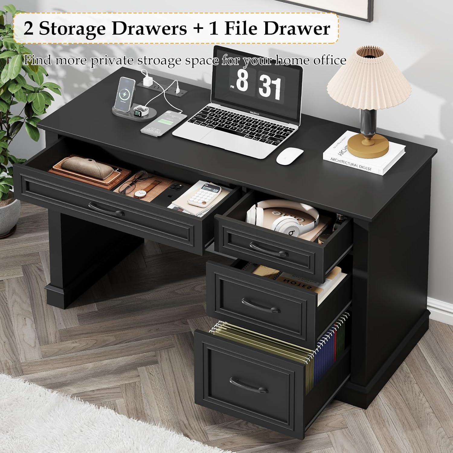 Farmhouse 47" Executive Desk, Computer Desk with Drawers and File Drawer, Workstation Computer Desk with Charging Station for Home Office, Study,Pure Black.