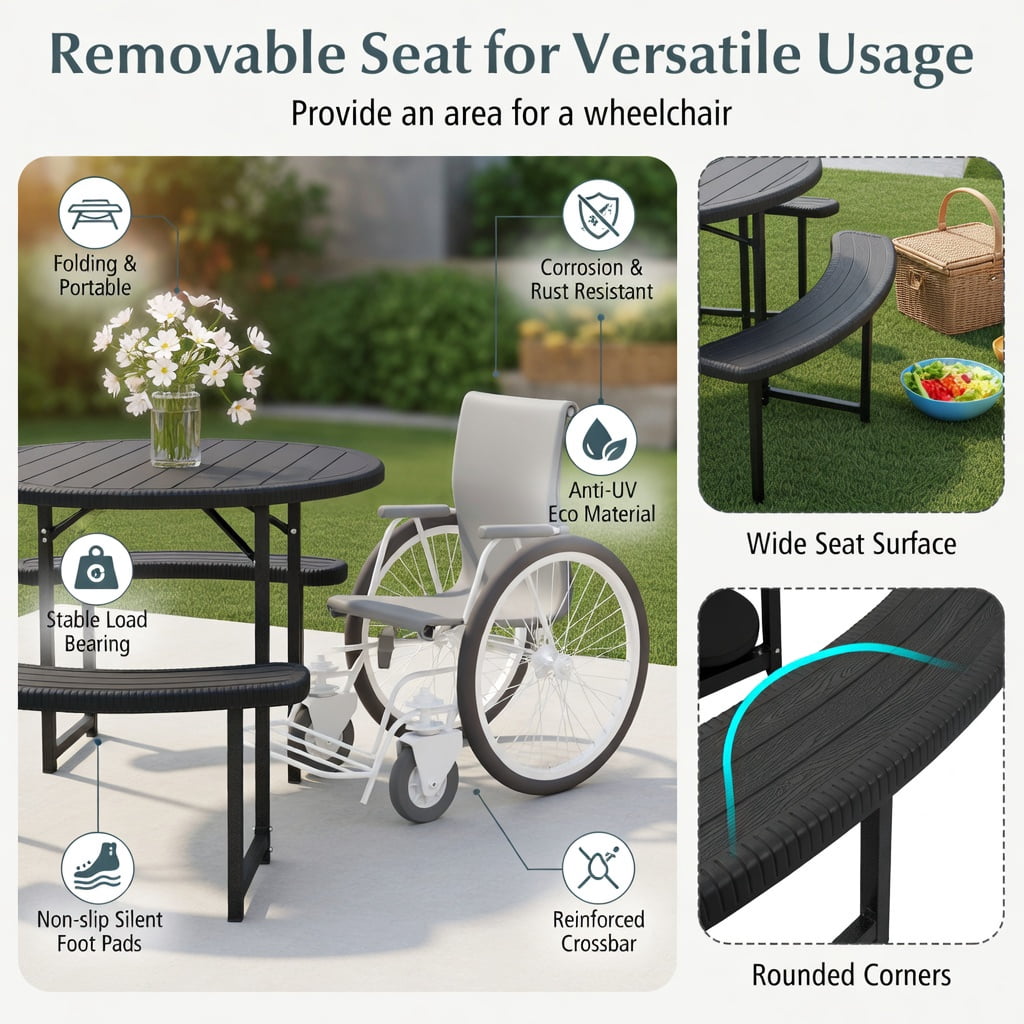 Hommoo Round Outdoor Picnic Table Set with 4 Benches & Umbrella Hole, Heavy-Duty Metal Frame, Weatherproof HDPE Top, Black