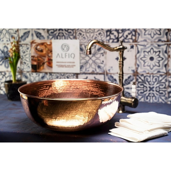 ALFIQ Handmade Matte Copper Sink Washbasin | Hammered Vessel Sink with Drain Cap