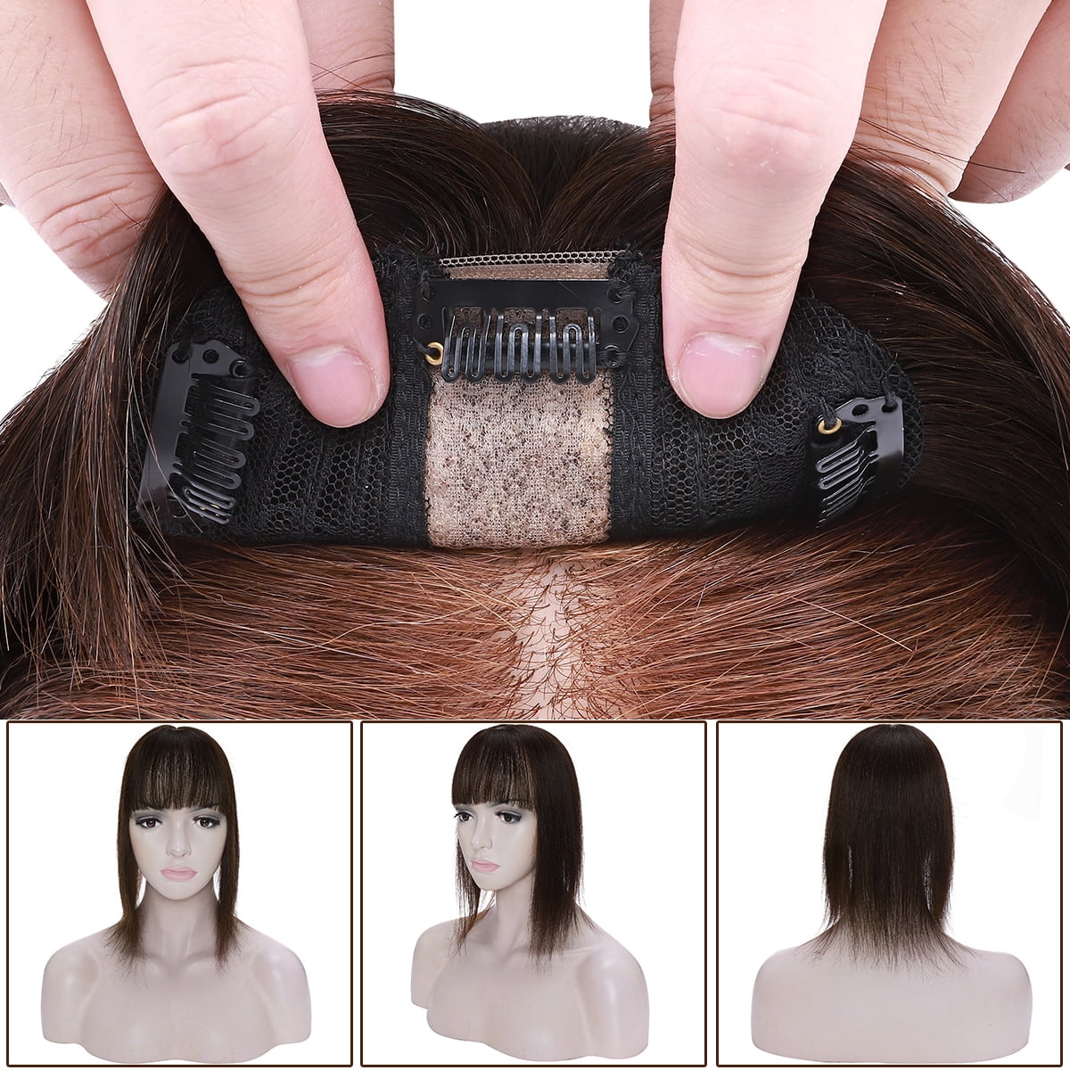 SEGO Clip in Hair Extensions Human Hair Toppers with Bangs 100% Real Human Hair for Thinning/Loss Hair Natural Black Hair Pieces