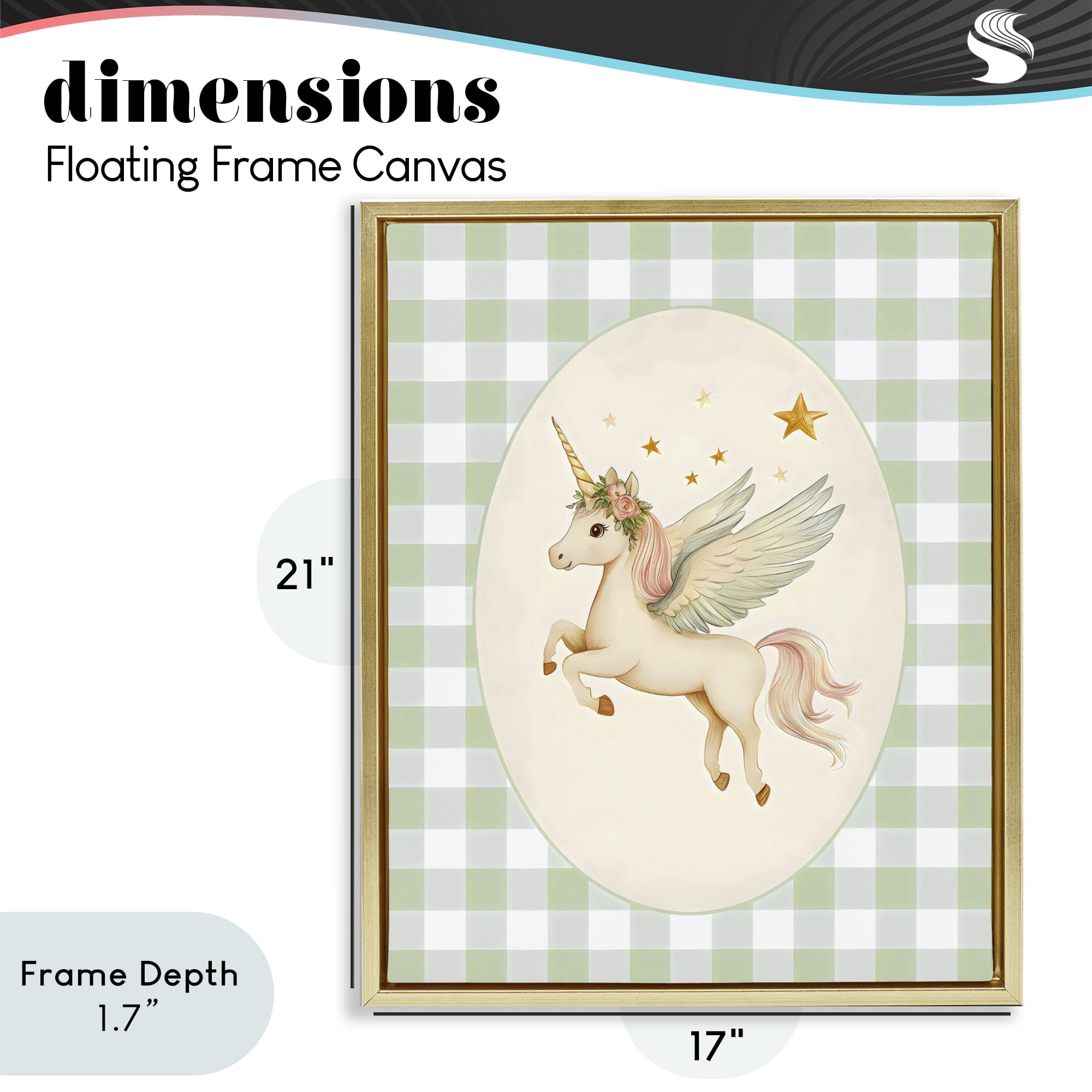 Stupell Industries Winged Unicorn over Green Gingham Gold Framed Floater Canvas Wall Art, design by Arlington Prints