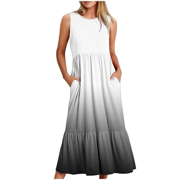 Uaswgudfs Sleeveless Waist-Defined Tiered Sundress - Casual Summer Dresses for Women 2025 with Pockets & Soft Flowy Fabric Black L