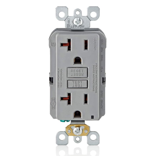 Salida GFCI Leviton 20A, autocomprobación, no resistente a manipulaciones, gris