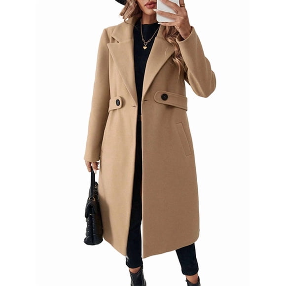 Women'S Winter Wool Blend Coat Lapel Mid Long Single Breasted Pea Coat Jacket Outwear Camel Color S
