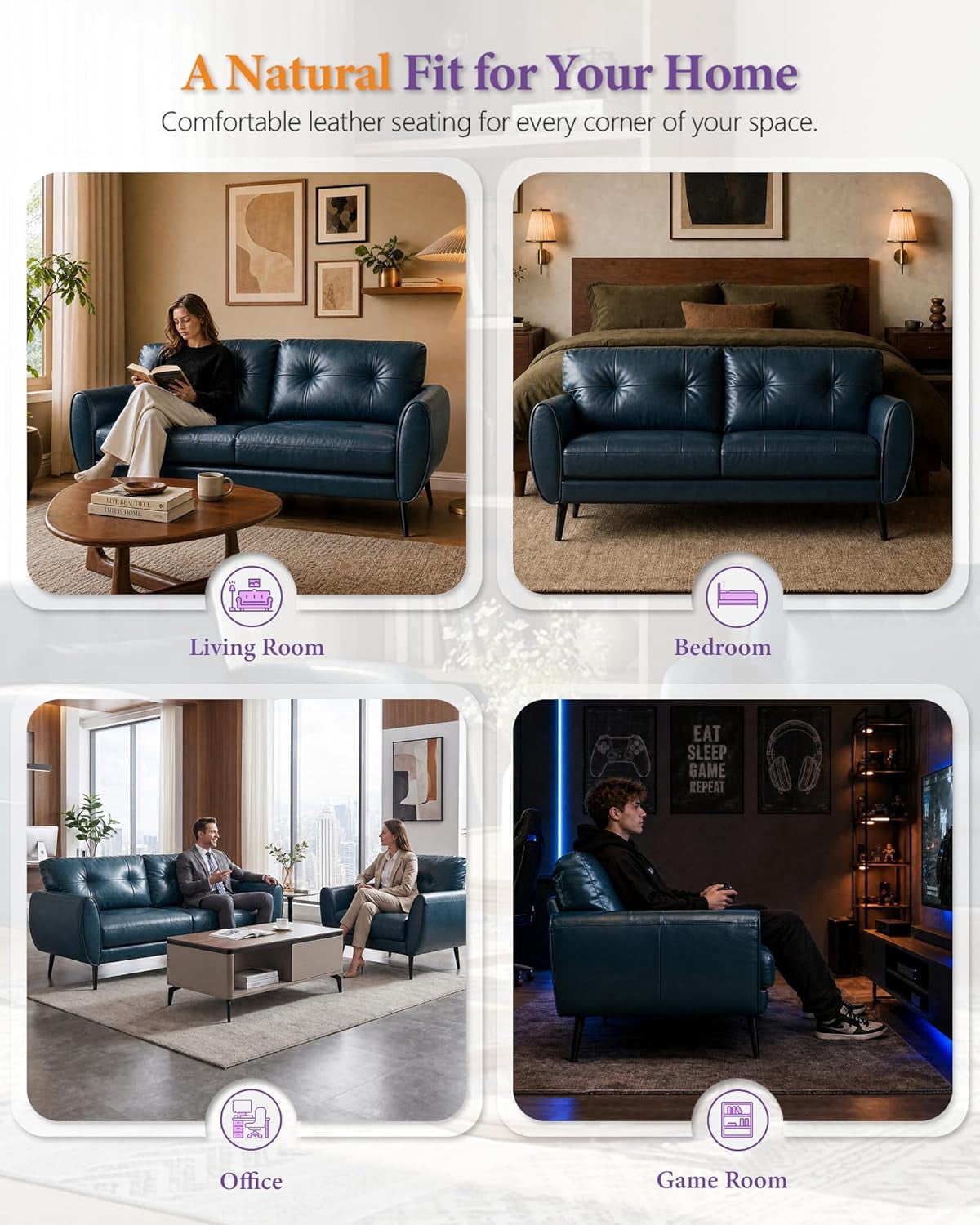 LAZZO 61" Faux Leather Loveseat, Mid Century Modern Tufted 2-Seat Sofa for Small Spaces, Blue