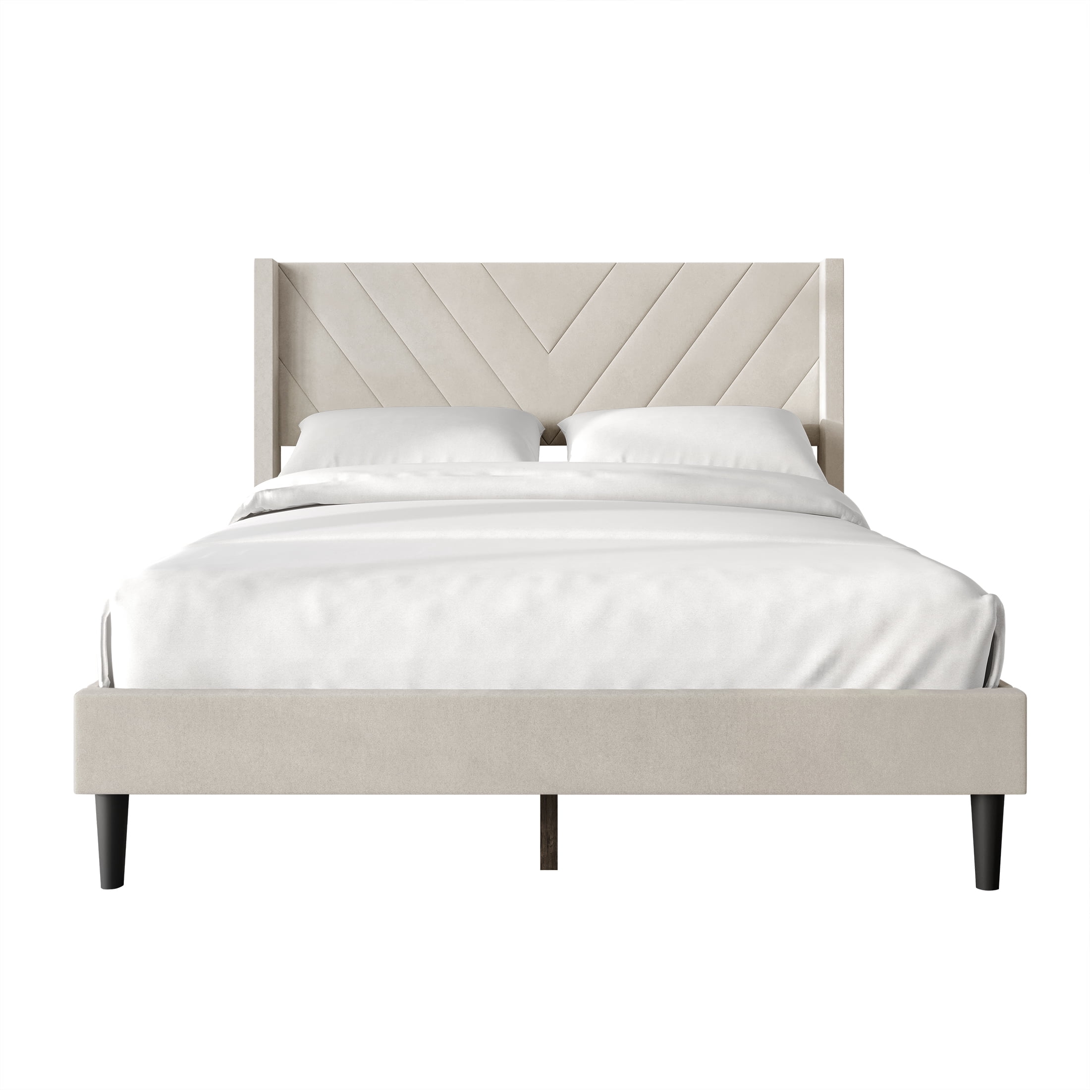 Castle Place Sophisticated Wingback Velvet Upholstered Twin Platform Bed, Beige
