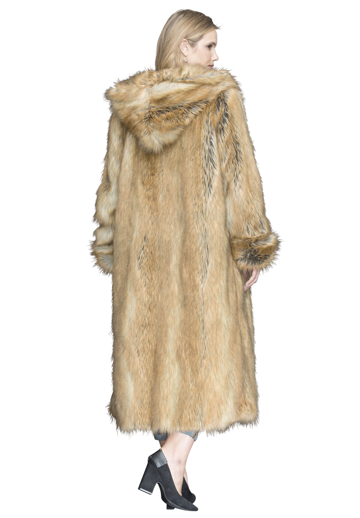Roamans Plus Size Full Length Faux Fur Coat With Hood 