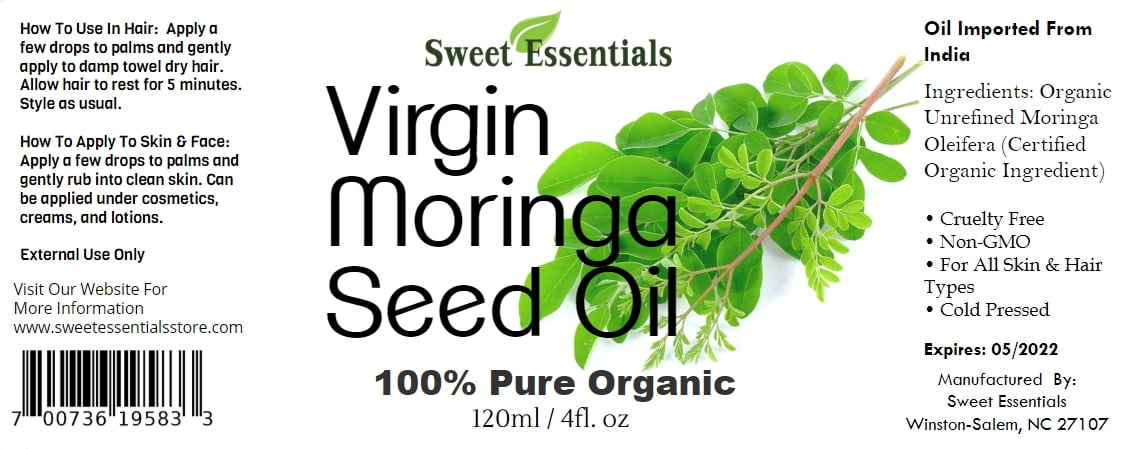 Organic Virgin Unrefined Moringa Seed Oil | 4oz Glass Bottle | Imported from India | 100% Pure | Cold-Pressed | Natural Moisturizer for Skin, Hair and Face | By Sweet Essentials