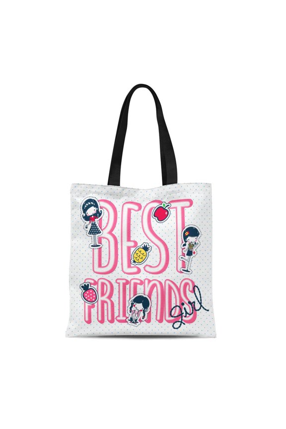 Canvas Tote Bag Cute Girls and Fruits Patch Text Best Friends Durable Reusable Shopping Shoulder Grocery Bag