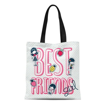 SIDONKU Canvas Tote Bag Cute Girls and Fruits Patch Text Best Friends Durable Reusable Shopping Shoulder Grocery