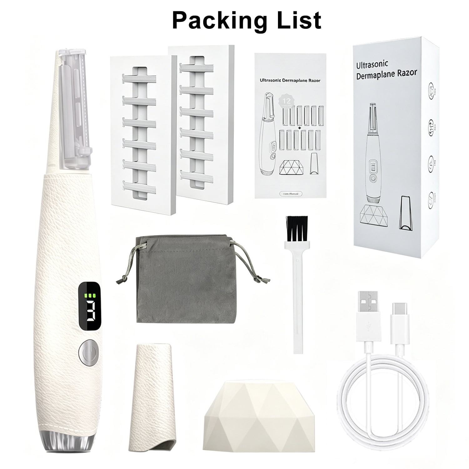Sonic Dermaplaning Tool for Women, Rechargeable Face Dermaplane Razor with 14,000 Vibrations, 3 Speeds with LED Light, 12 Blades for Peach Fuzz Removal & Facial Exfoliation(White)