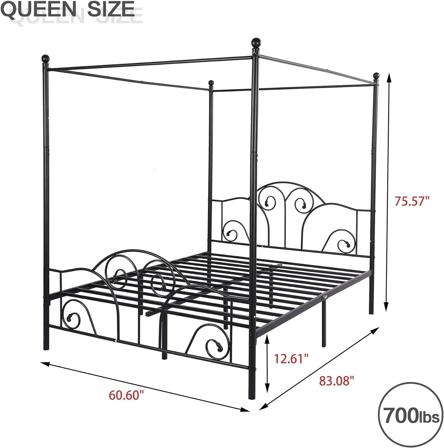 AUFANK Vintage Four Post Metal Canopy Bed Frame, Queen Size, Black
