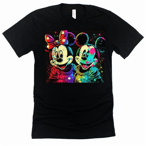 Mickey Minnie Neon Splatter Shirt, Magic Kingdom Unisex Shirt Casual Short Sleeve Shirt (Black-2X Large)